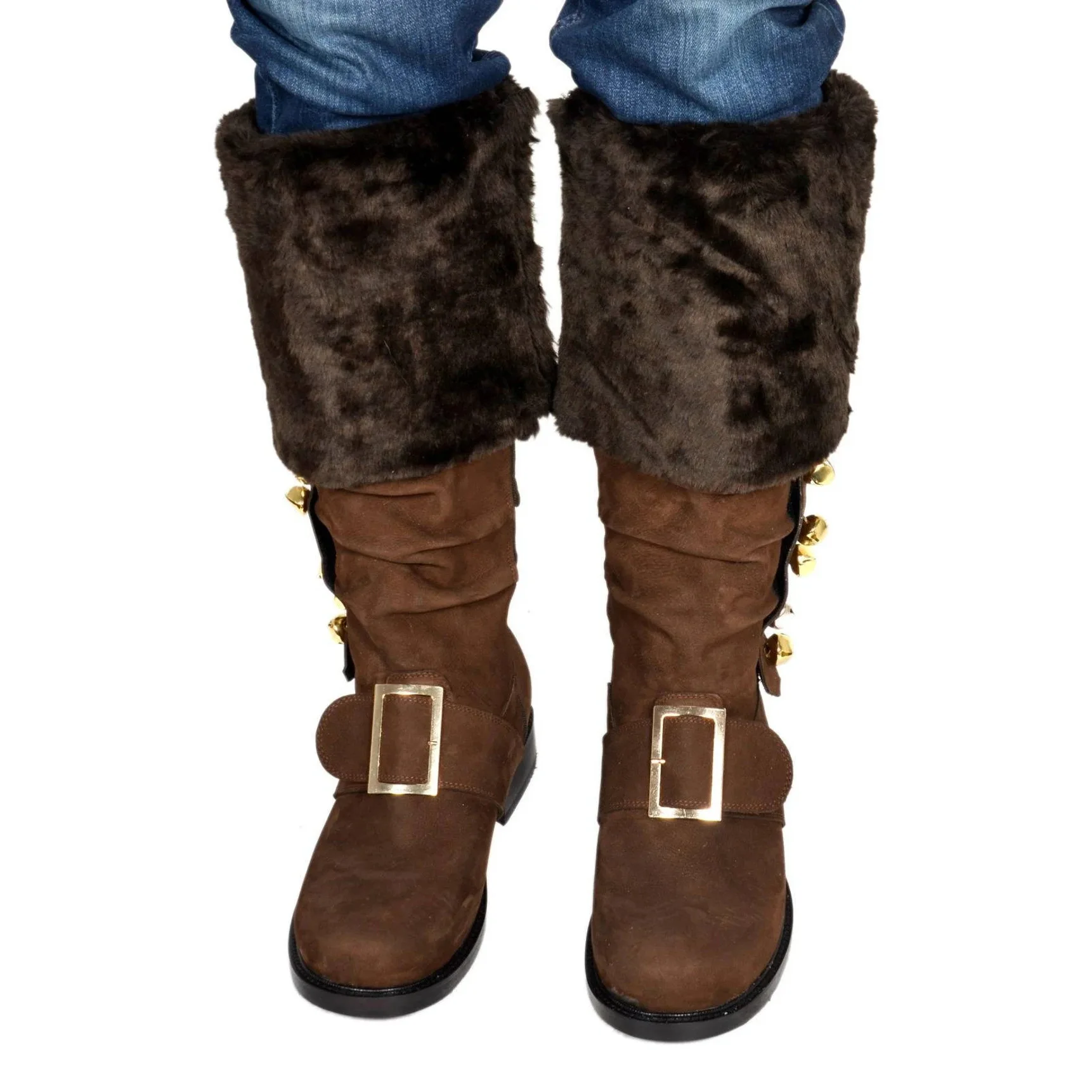 Herren Weihnachts-Weihnachtsmann-Stiefel mit Weitem Schaft, Kampfstiefel mit Weißem Plüschfellbesatz und Goldener Schnalle für Halloween-Cosplay-Kostüm – Detail 13
