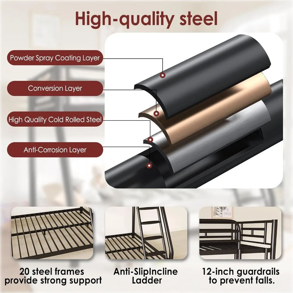 سرير بطابقين مزدوج الحجم بالكامل للبالغين والأطفال، سرير مزدوج بطابقين كامل، سرير بطابقين منخفض الطول مع حاجز حماية للطول واللا #4