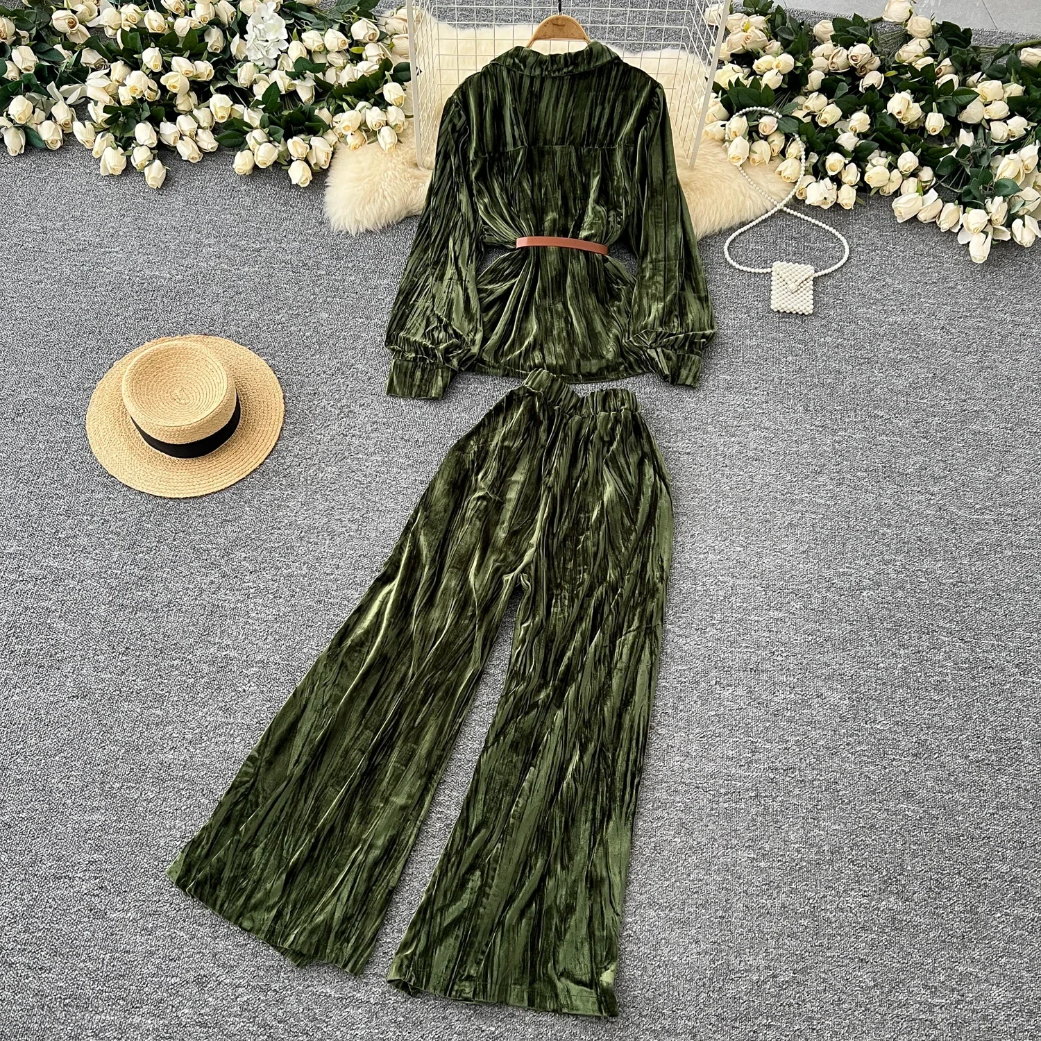 Chic Women Two-Piece Sets Slim Turn-down Collar Lantern Sleeve Bandage Top and High Waist Wide Leg Pants High Street Clothing