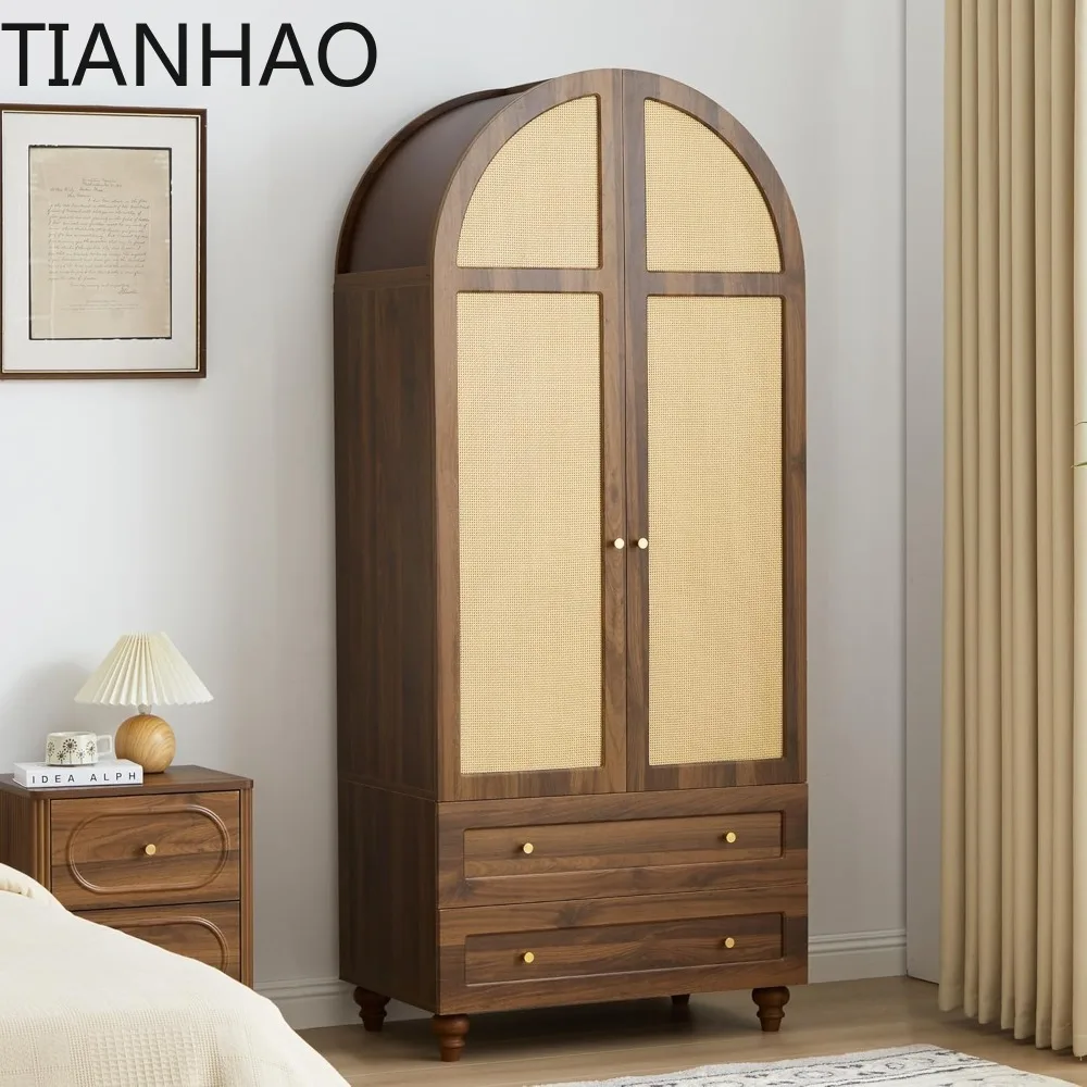 Arched Armoire Wardrobe Closet with 2 Rattan Doors, Wooden Wardrobe Closet with 2 Drawers, 74.8 