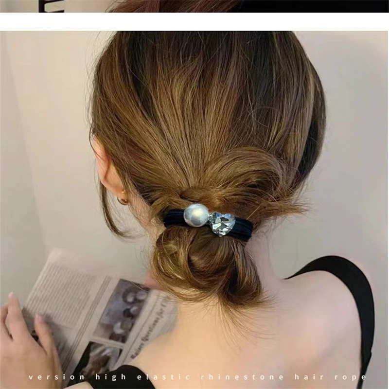 Pearl Crystal Hair Loop for Women, Korean Version, Simple and caring Ponytail Leather Band, Tied Headband