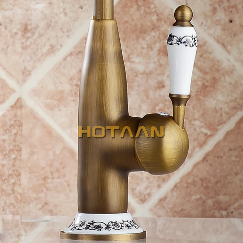 Hotaan Antique Brass Finish Kitchen Faucet  Swivel Basin Faucet 360 Degree Rotation Hot & Cold Water Mixers Tap Copper Made