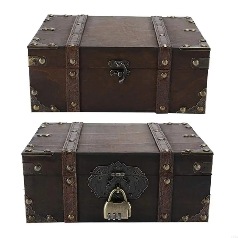 R1WA Antique Vintage Wooden Treasure Chests Storage Box Jewellery Trinket