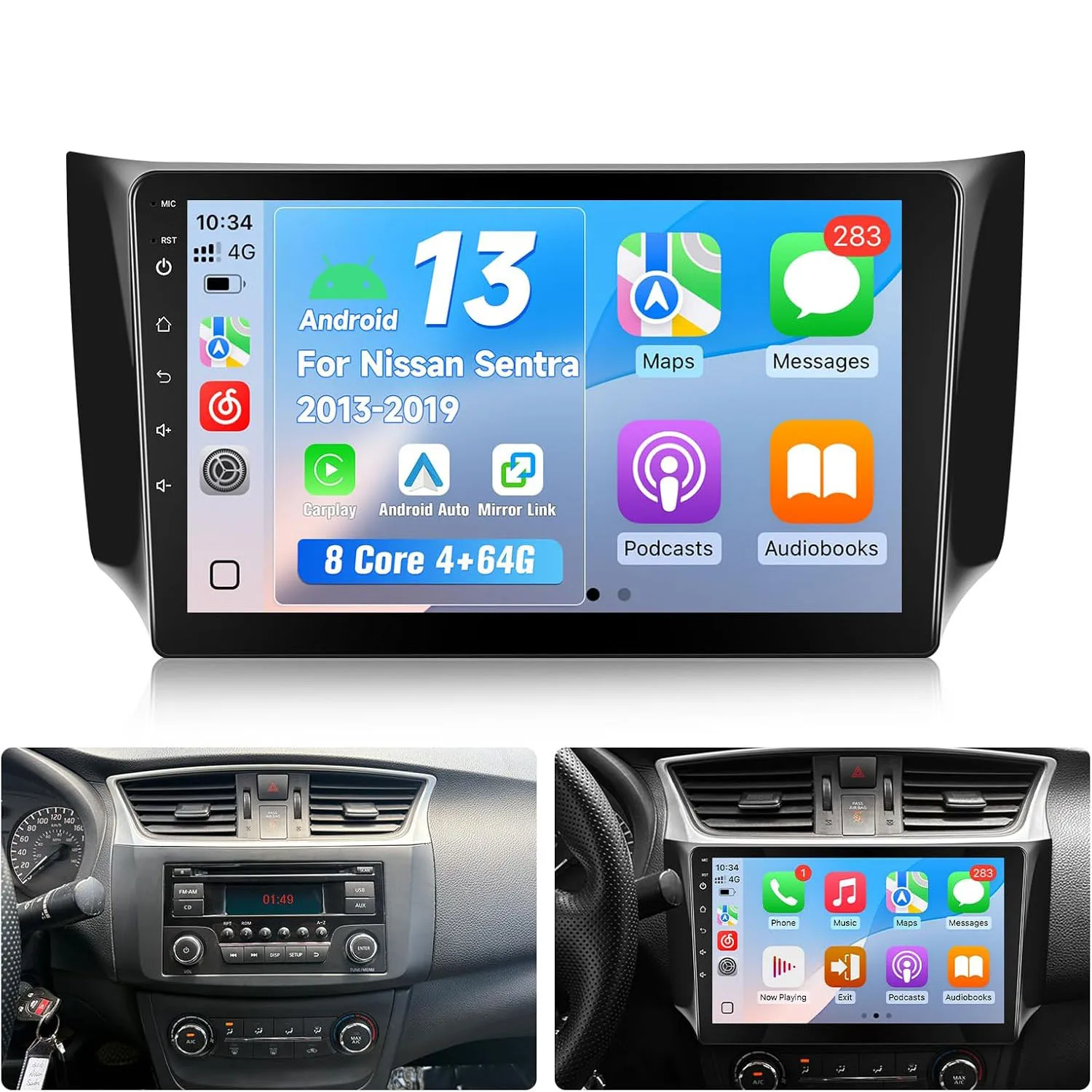 4+64G Android 13 Car Radio for Nissan Sentra 2013 2014 2015 2016 2017 2018 2019  with Carplay Android Auto Bluetooth GPS WiFi
