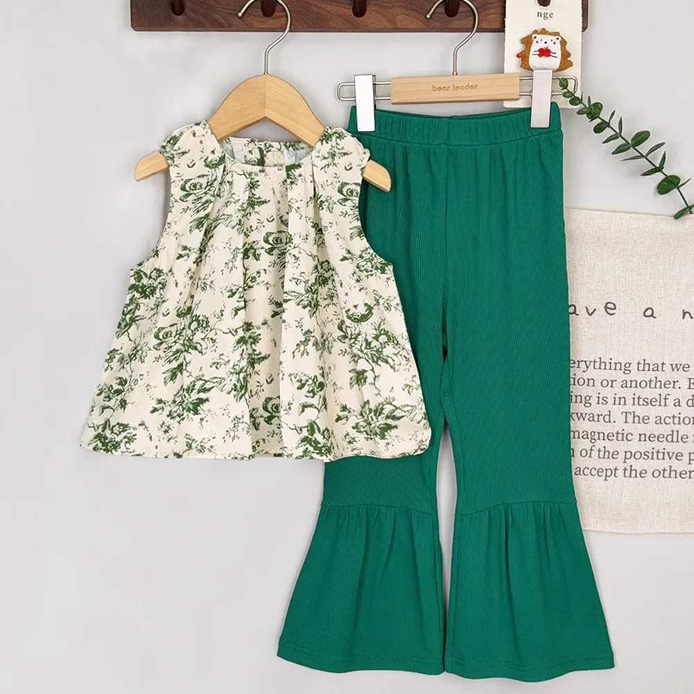Summer New Green Casual Suit Printed Sleeveless Vest+flared Pants Two-piece Set Korean Version