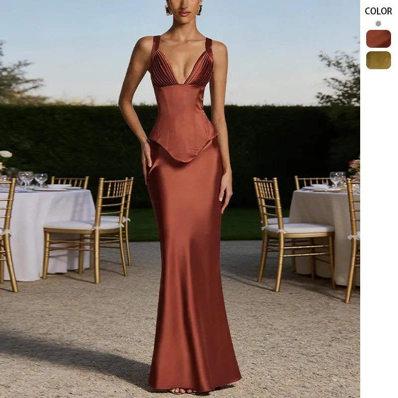 

Elegant Lady High Waist Half SKirts Set Sexy V-neck Halter Tops&Satin Skirts Sets Summer New Solid Color Slim Evening Dress Sets
