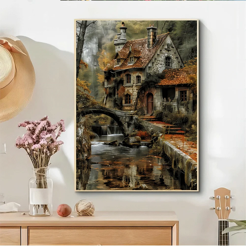 

1000 шт. головоломка с коттеджем и потоком в деревенском стиле — осенний пейзаж с водопадом, семейная игра, головоломка для