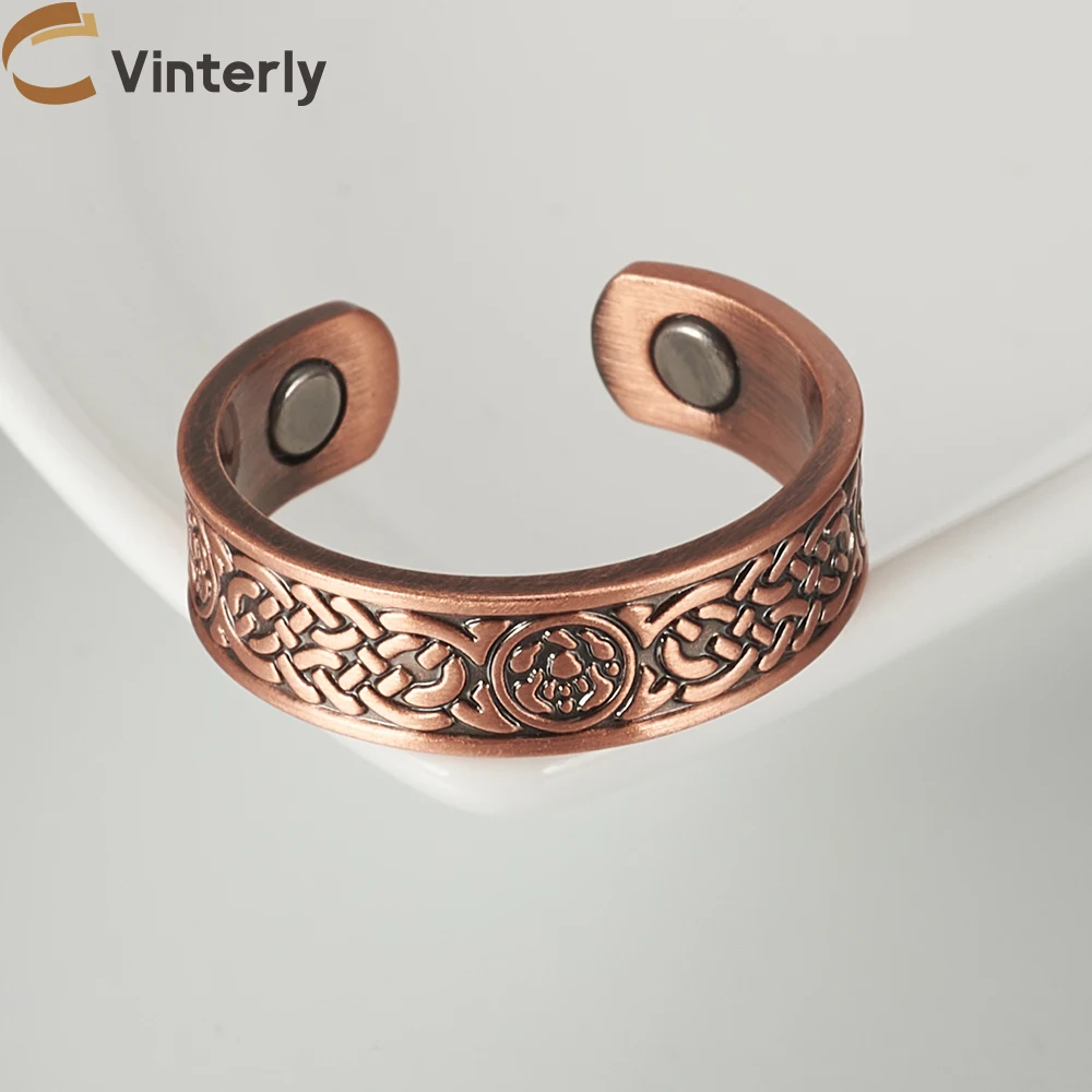 Vinterly Pure Copper Magnetic Rings Viking Vintage 6mm Health Energy Finger Open Cuff Adjustable Jewelry High Magnet Resizable