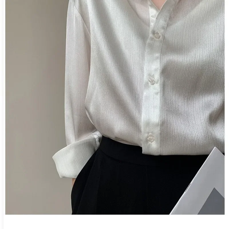 QWEEK White Satin Long Sleeve Shirt Woman Office Ladies Vintage Elegant Button Blouse Spring Old Money Aesthetic Korean Trend