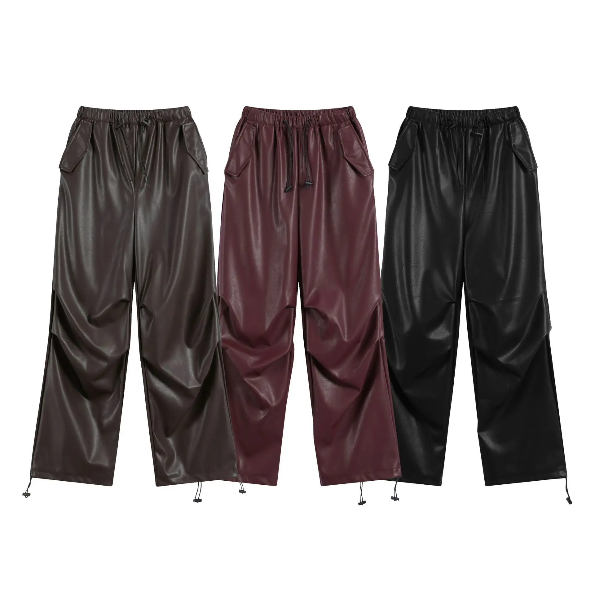 OR FL Women's American High Street Trendy Brand PU Skin Pants Wide Leg Baggy Design Sense Retro Functional Pants Trousers