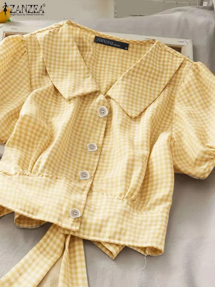

ZANZEA Элегантные рубашки с завязками на спине с отложным воротником в клетку, летние модные укороченные топы на пуговицах с короткими пышными рукавами, женские блузки