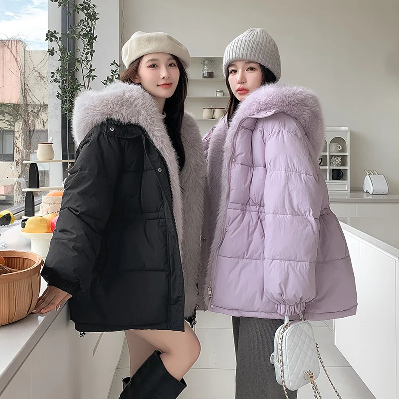 Fashion Big Fur Collar Cotton Coat Women\'s 2024 New Winter Jacket Thicken Warm Down Cotton Parkas Hooded Overcoat Faux Fur Parka