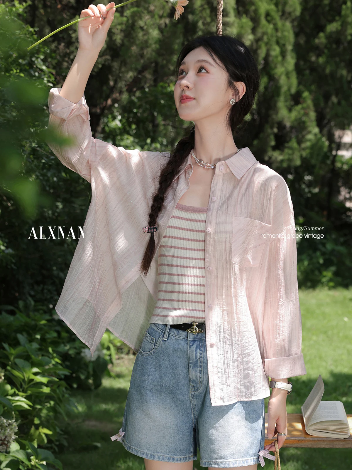 

ALXNAN Pink Shirt Women Long Sleeve Sun Protection Thin Blouses 2025 Summer New Elegant Casual Loose-fit Cardigan Female L56502