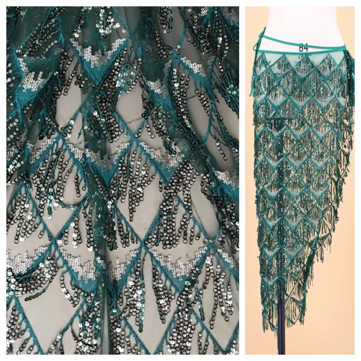 Tassel Sequins Lattice Lace Fabric DIY Evening Dress Formal Dress Clothing Sewing Fabrics 1yard Dark Green