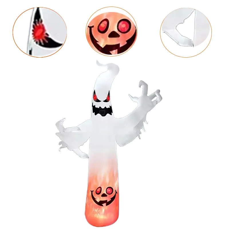 2.4M/8FT Inflatable Toys Halloween Flame Solar Term White Ghost Decoration LED Light Up Lawn Inflatable Model Outside Decortions