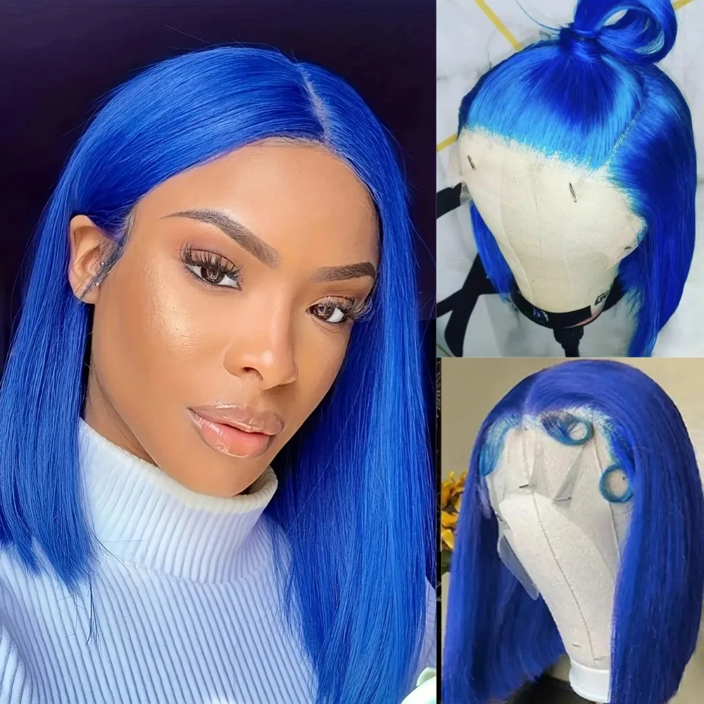 

Short Bob Wig Synthetic 13X4 Hd Transparent Lace Front Blue Wigs for Women 180 Density Straight Glueless Wig To Cosplay Wear