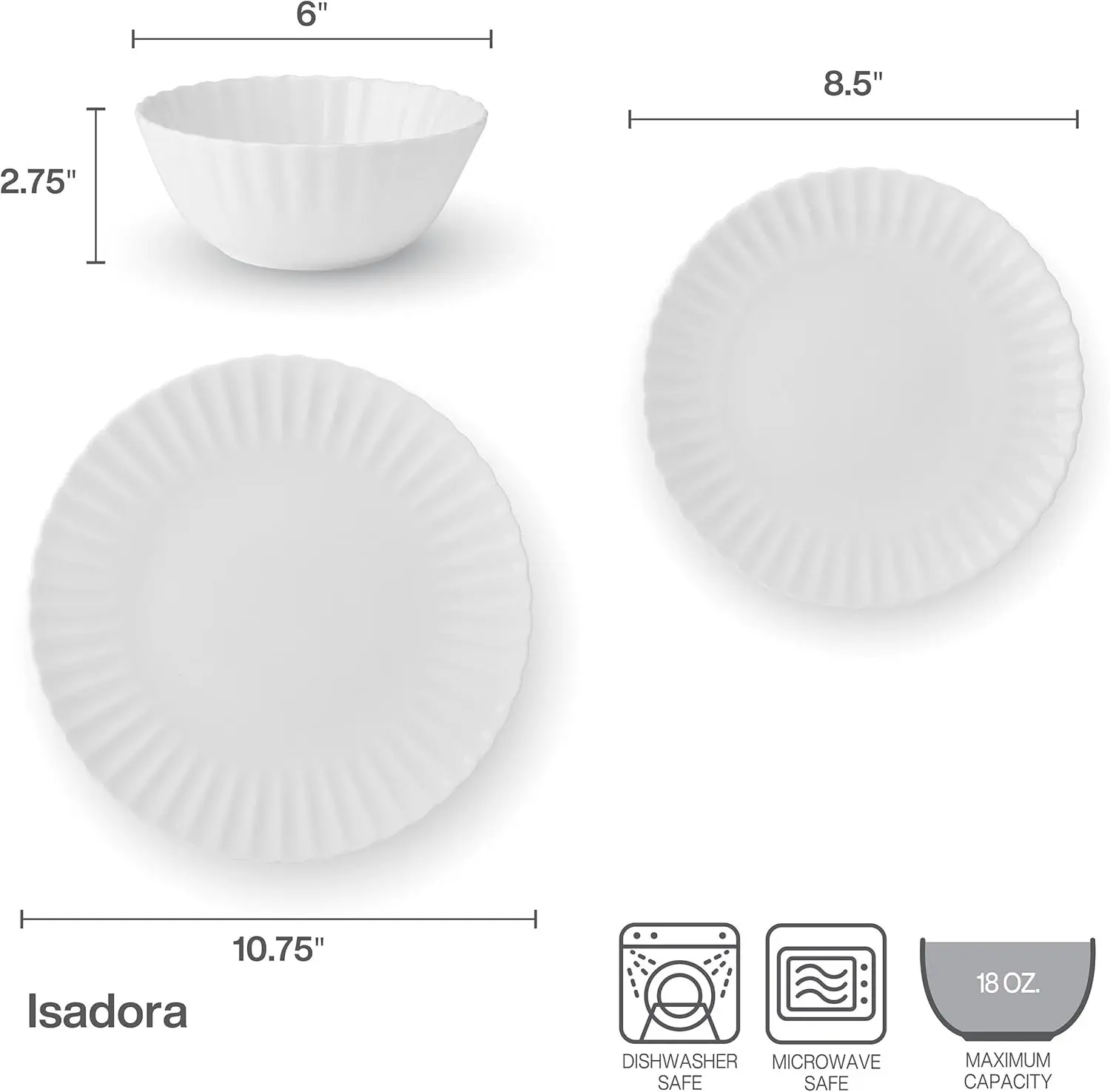 طقم أواني طعام Isadora Scalloped Bone China خفيف الوزن ومقاوم للرقاقة مكون من 12 قطعة، خدمة لـ 4 أشخاص