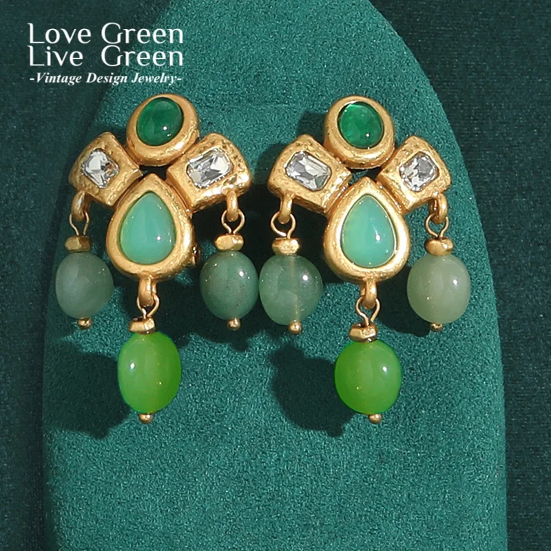 

Vintage Droplets Dangle Green Earrings Stone Jade Glaze Big Crystal Trendy Jewelry 2025 Elegant Luxury Quality Designed Gifts