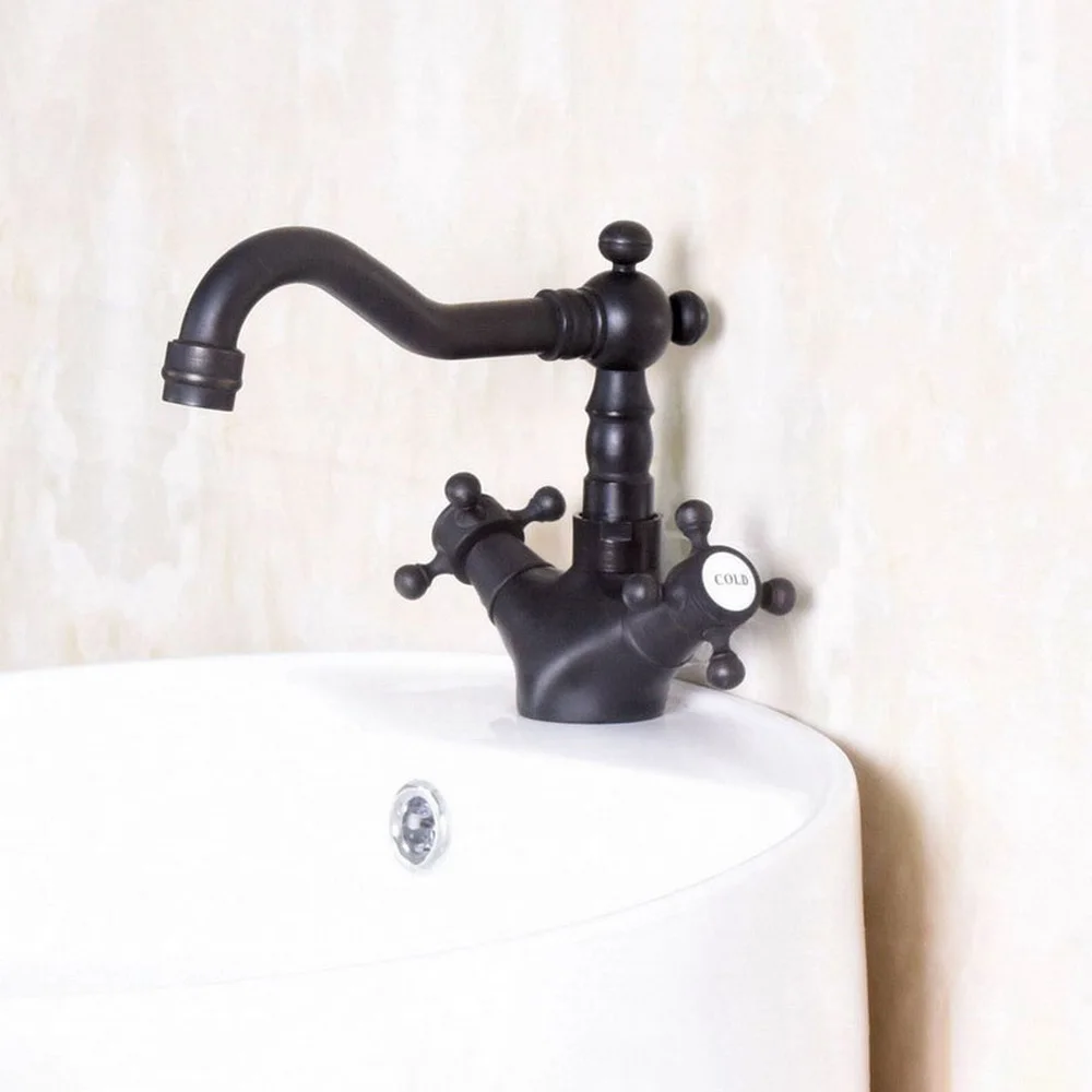 

Black Oil Rubbed Brass Swivel Spout Bathroom Basin Faucet Double Cross Handles Deck Mount Vessel Sink Mixer Taps tnf143