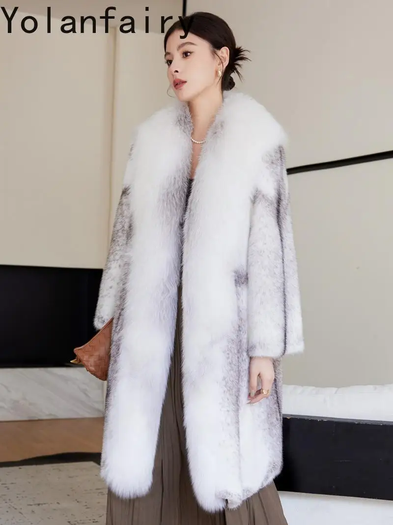 YOLANFAIRY haut de gamme entier croix veste de fourrure de vison pour les femmes hiver mi-long chaud manteau de fourrure naturelle femme col de fourrure de renard vêtements d'extérieur