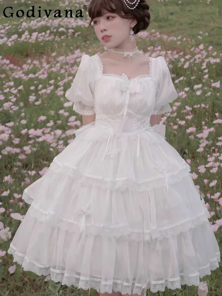

XS-2XL Elegant Sweet Lolita Princess Cake Dress Female Solid Color Cute Bow Square Collar A-line Fairy Temperament Party Dresses