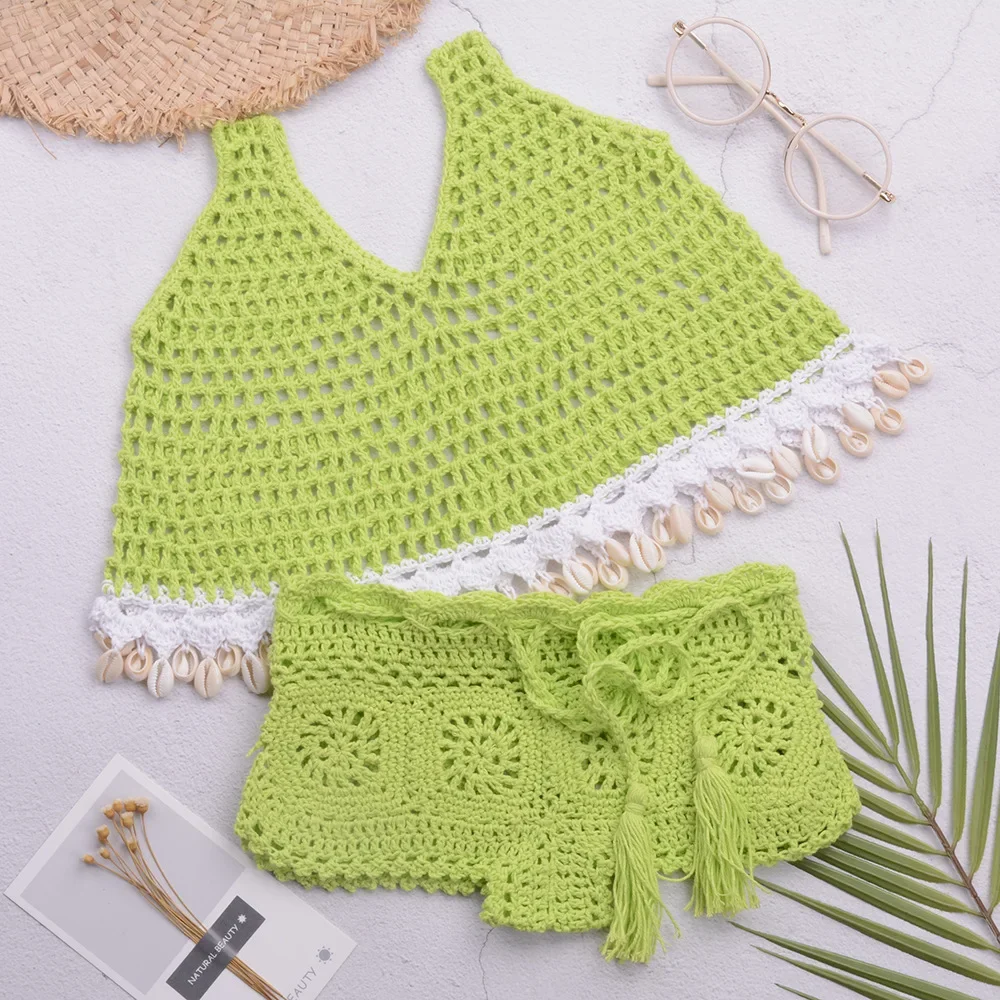 DIY Hand Crocheted Shell Vest Girl Beach Holiday Strap Adjustment Square Pants Children's Swimsuit.