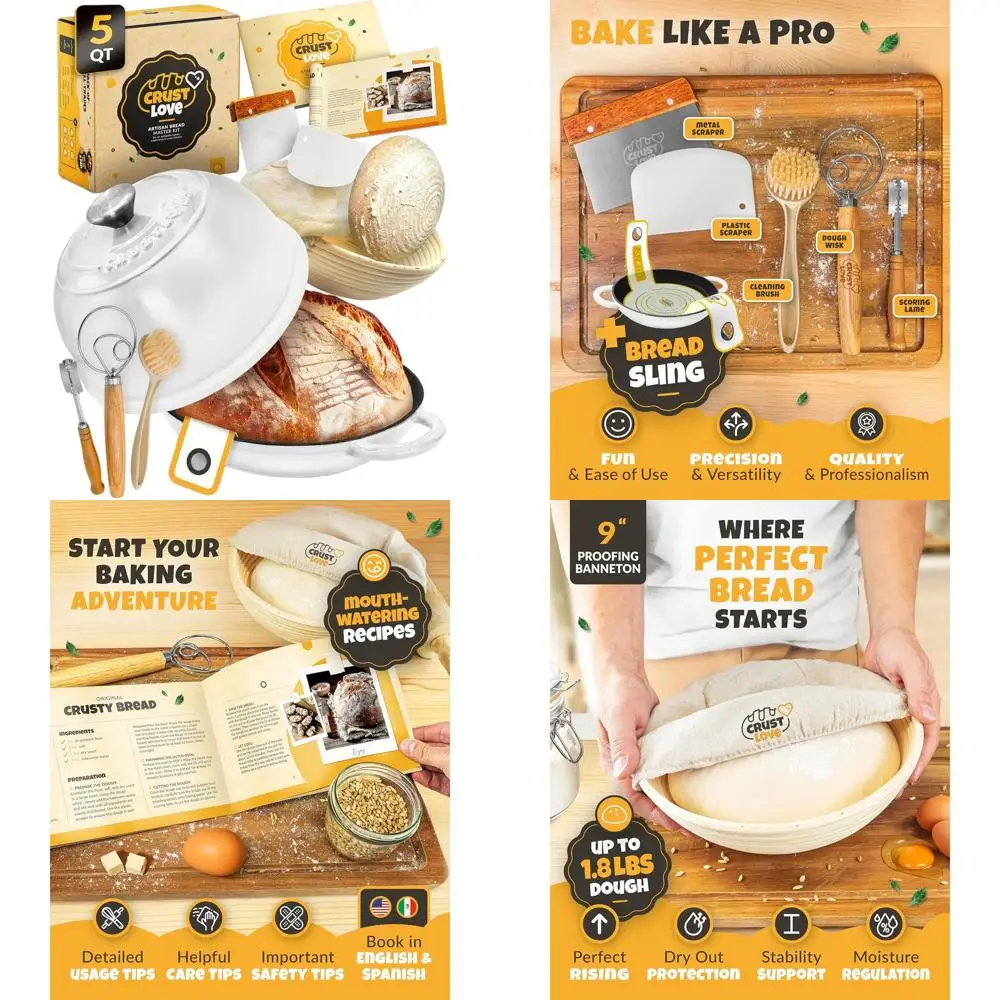 

5-Quart Enamel Bread Dome - Cast Iron Sourdough Pan with Lid, Includes Dough Whisk, Scoring Lame, and More