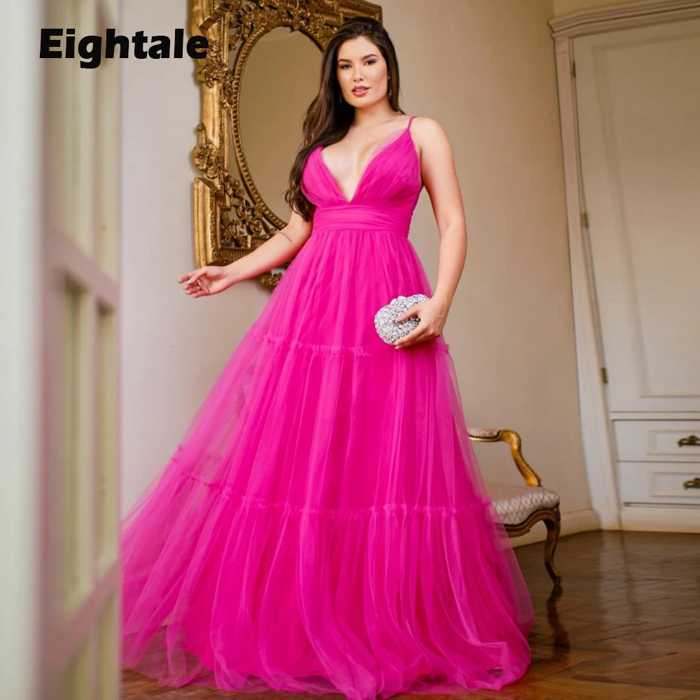 

Eightale Hot Pink Prom Dresses V-Neck A-Line Spaghetti Strap Evening Gown Tulle Sexy Ruffed Party Dress vestidos para graduación