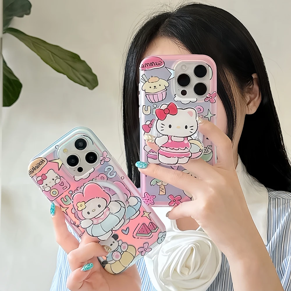 

Sanrio Hello Kitty MyMelody with Magnetic Bracket Phone Case for IPhone 15 14 13 12 11 Pro Max Anti-fall Back Cover