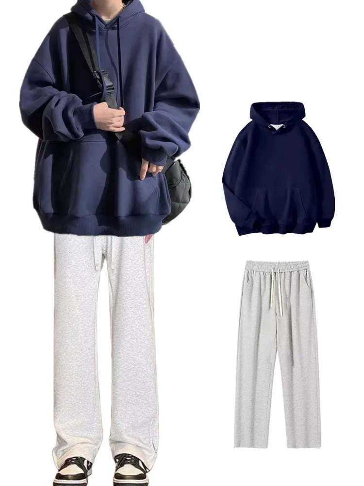 

Мужской комплект: худи на флисе и брюки, повседневный спортивный зимний костюм из двух предметов, длинный рукав, смесь полиэстера и хлопка