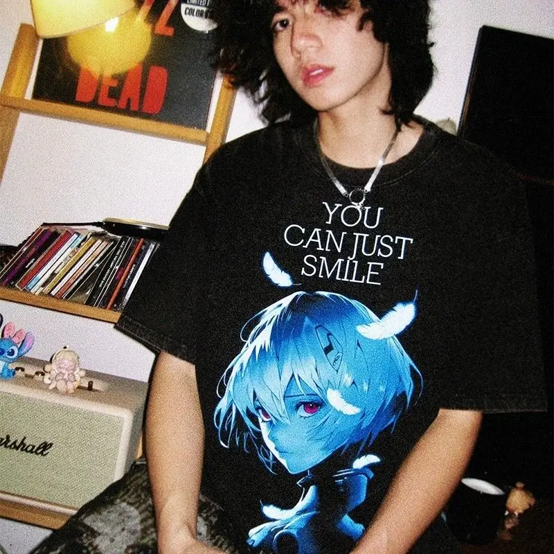 

Neon Genesis Evangelion Short-sleeved Anime EVA Asuka Ayanami Rei Heavy Washed Distressed Retro Printed Cotton Couple T-shirt