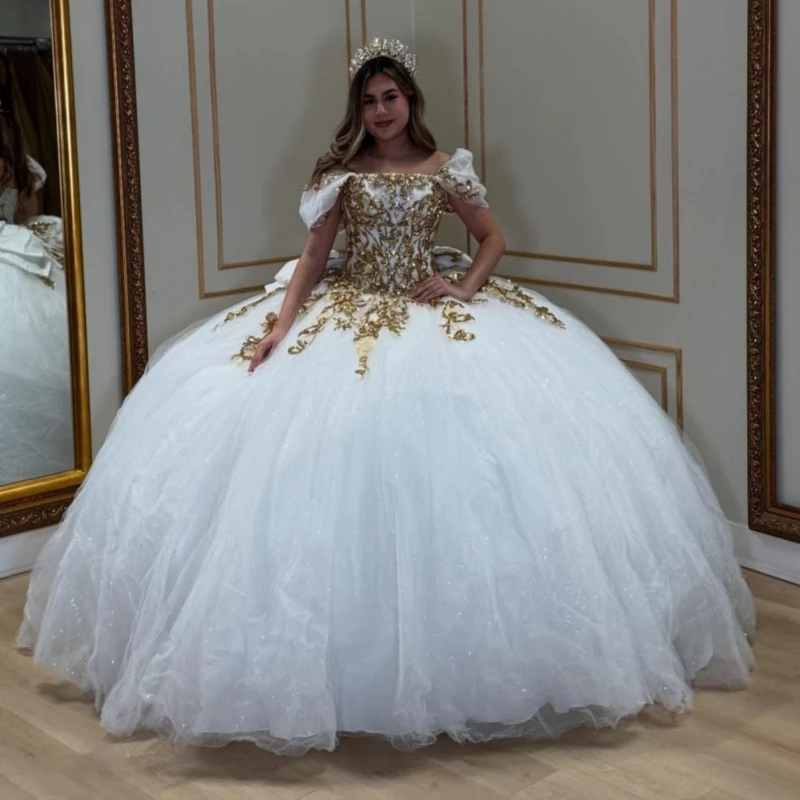 Weißes Prinzessin-Sweet-16-Kleid, Quinceanera-Kleider, Applikation, Spitze, Perlenstickerei, Schleife, Tüll, Party, Geburtstag, Vestidos 15 De Anos