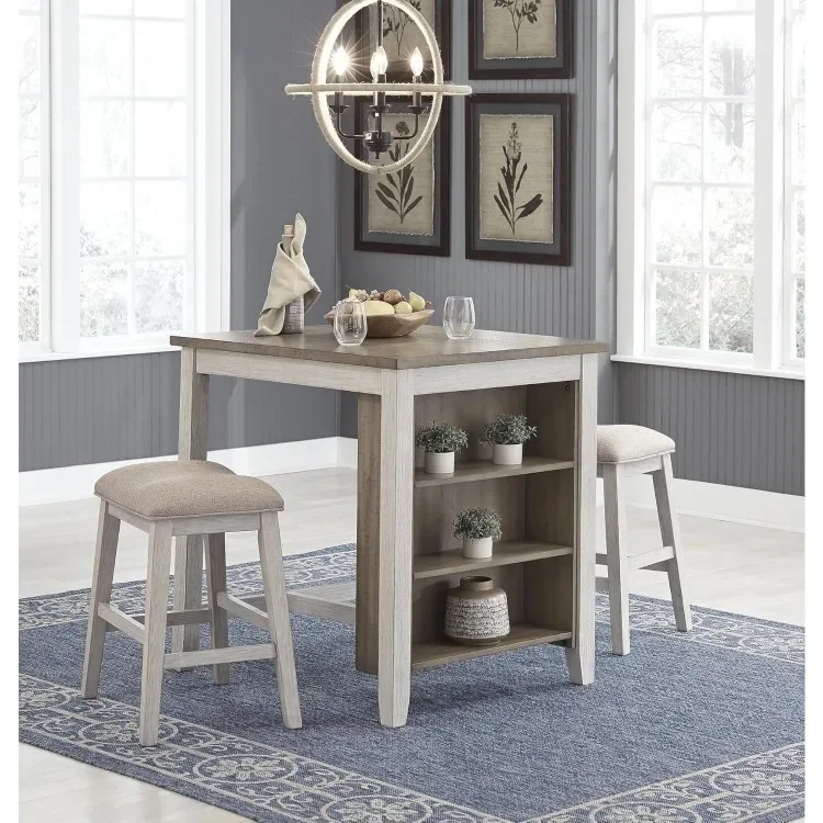 home.Ashley Skempton 3 Piece Counter Height Dining Set, Includes Table and 2 Barstools, Whitewash