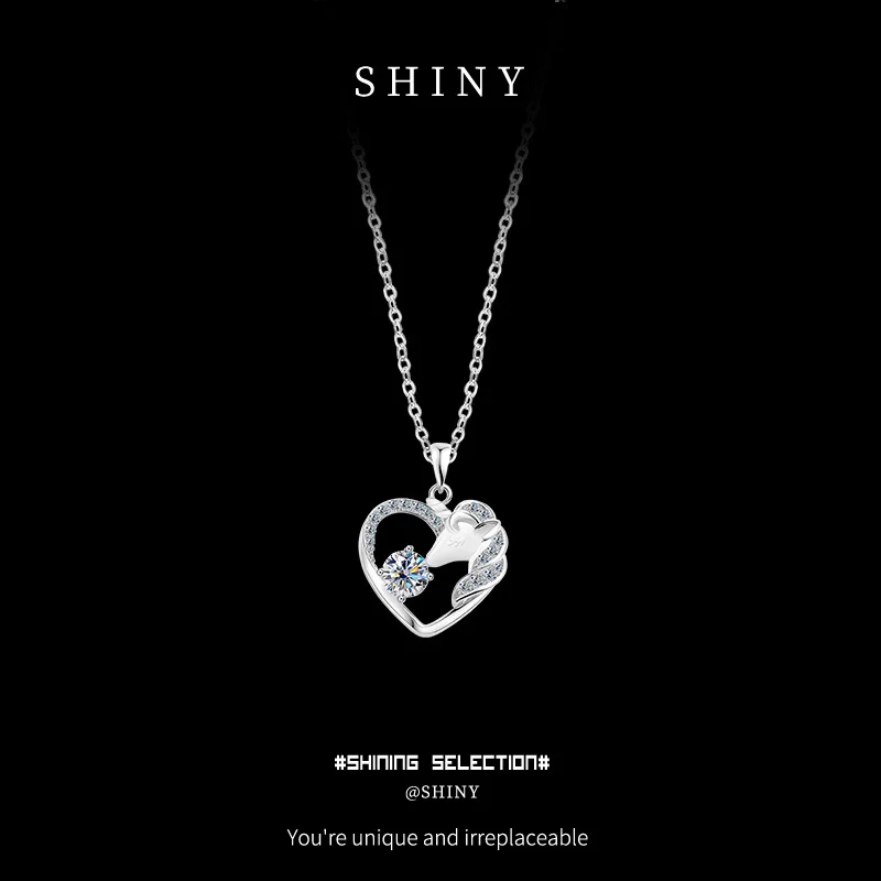 

S925 Sterling Silver Unicorn Moissanite Diamond Necklace Women's Heart Pendant Jewelry Pure Silver