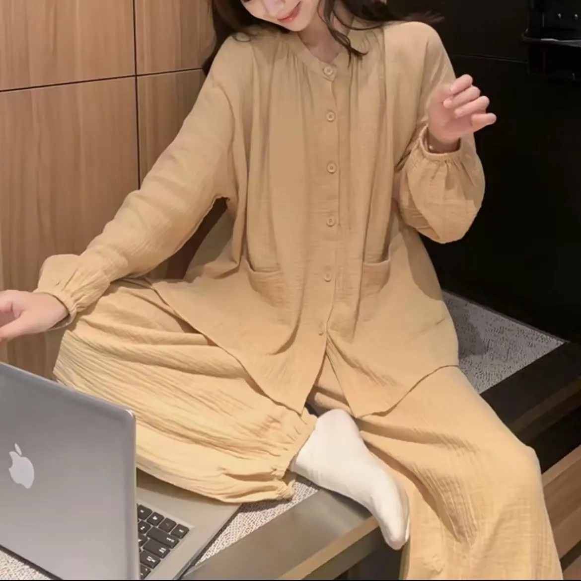 Autumn Loose, Lazy, Comfortable, Sweet Solid Color Cardigan, Long Sleeved Pants Set, Home Clothes, Pajamas, Pullover, Round Neck