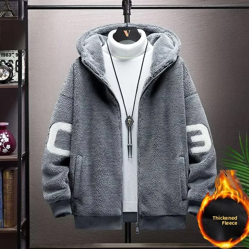 

Winter Thiened Lamb Velvet Men's Jaet Loose Fit Zipper Closure Casual Sle Pure Color Hooded Cotton Coat Youth Faion