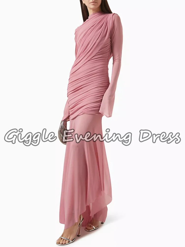 Giggle Elegantes, gerafftes, asymmetrisches, schmales Maxikleid, Stehkragen, lange Ärmel, Falten, Frühlingsmode, Damen-Abschlussball-Party-Kleider, individuell gestaltet