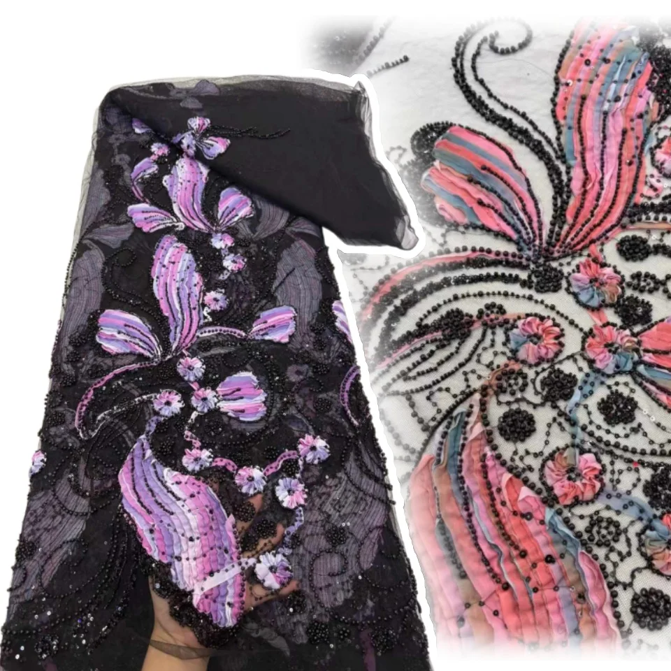 

Новейшая африканская кружевная ткань с блестками, высокое качество, вышивка 3D французскими цветочными бусинами, нигерийское сетчатое кружево для свадебного платья 1162