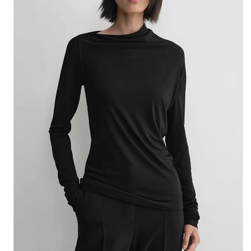 Withered Nordic Minimalist High-end Asymmetrical Collar Slim Knit Top T-shirt Woman Clothes Female Clothing