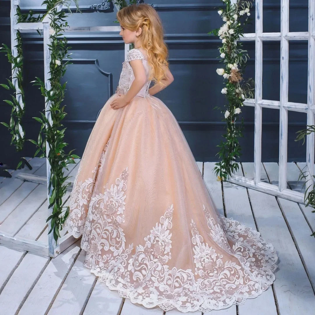 Cswdocy Wedding Appliques Flower Girl Dress Birthday Short Sleeve Floral For Prom Pageant Holy Communion Pageant Gown 2027