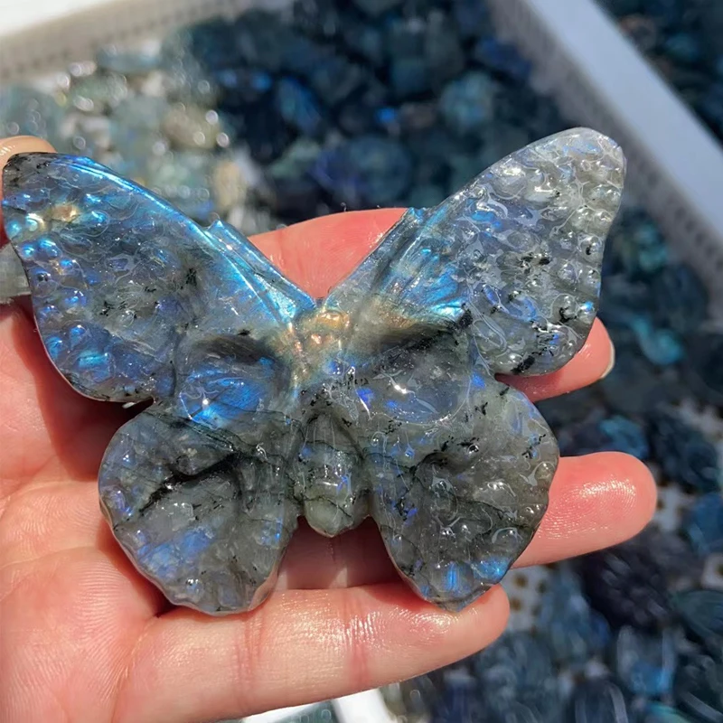 Incredible Labradorite Quartz Crystal Skull Butterfly Sculpture Carving Natural Rainbow Flash Spectrolite Stone Mermaid Specimen