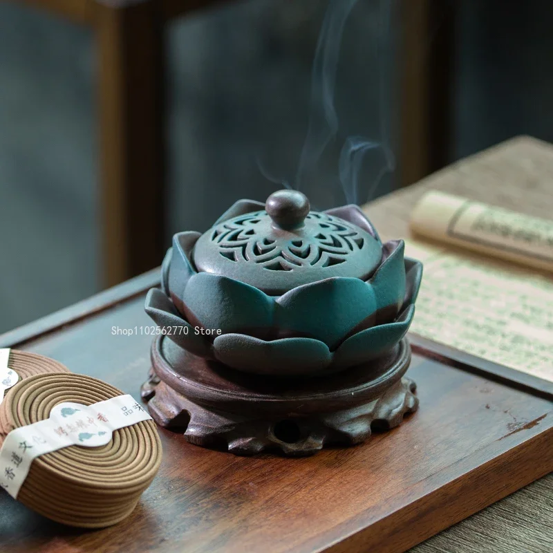 Imitation Ancient Ceramic Lotus Incense Coil Furnace Wooden Aromatherapy Base Home Interior Tea Ceremony Supplies Incense Tool