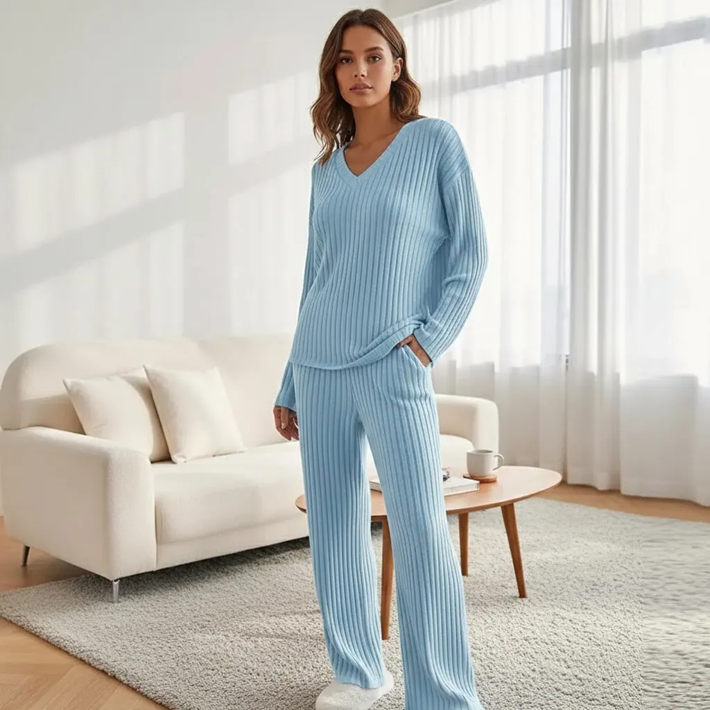 

Осенне-зимний комплект домашней одежды в рубчик с v-образным вырезом — элегантные свободные прямые брюки, комплект из двух предметов