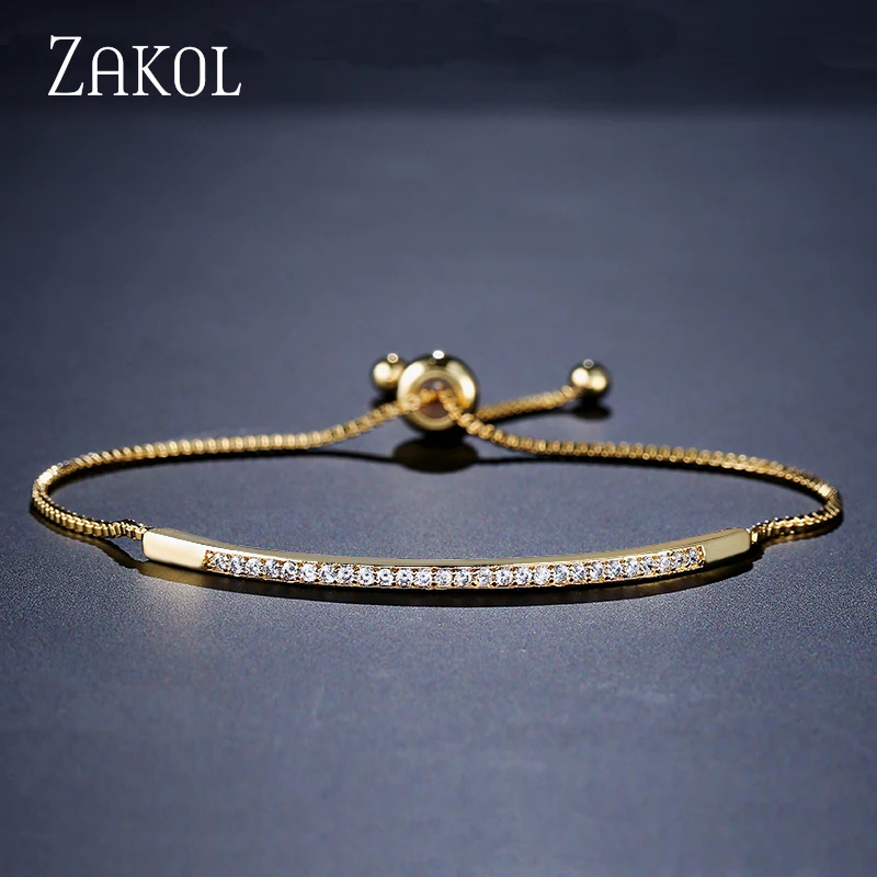 ZAKOL Simple Round Crystal Zirconia Adjustable Chain Bracelet White Gold Color Fashion Jewelry Birthday Gifts for Women