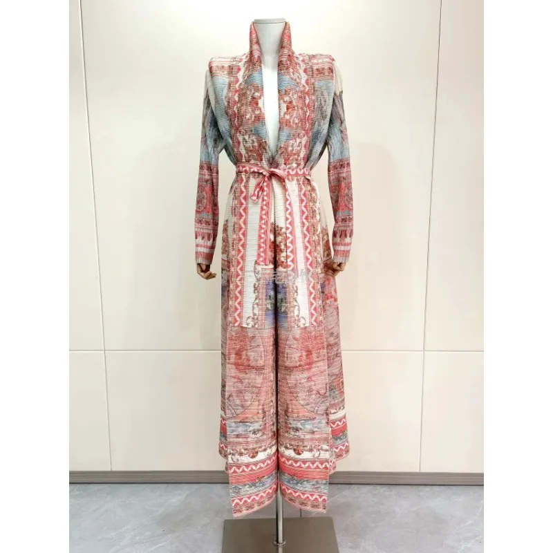 Miyake Pleated Turndown Collar Vintage Printed Long Sleeve Dress Women 2024 New Original Designer Abaya Fashion Classical Coats