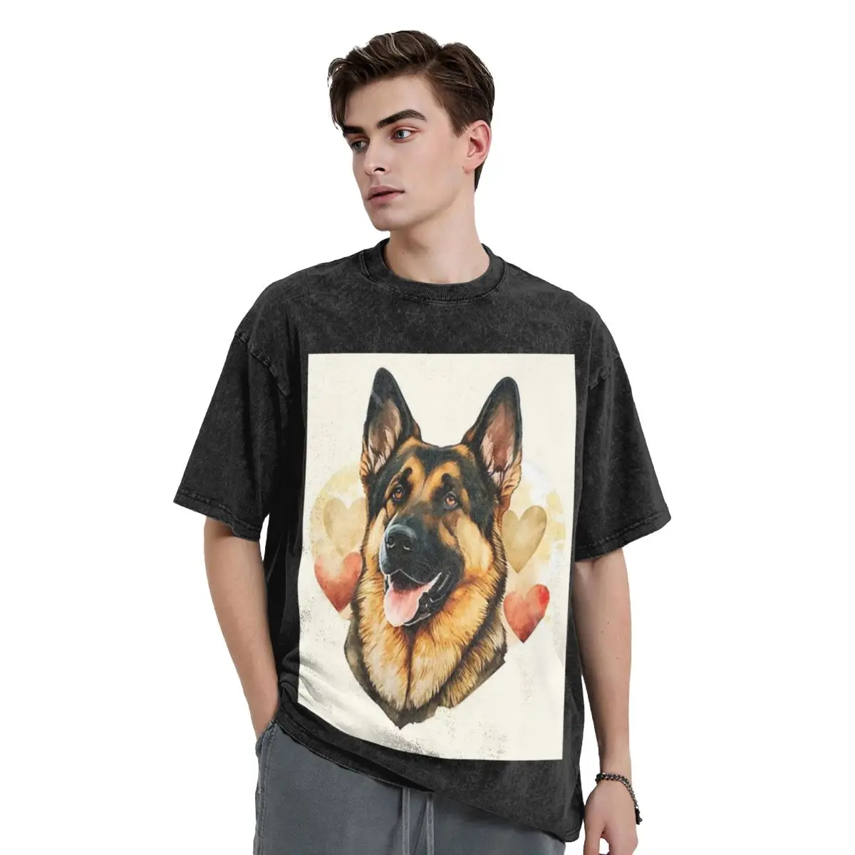 

German Shepherd Courageous Washed T Shirts Oversized Short Sleeve Hip Hop T-Shirt Streetwear Tops Tees for Men Women