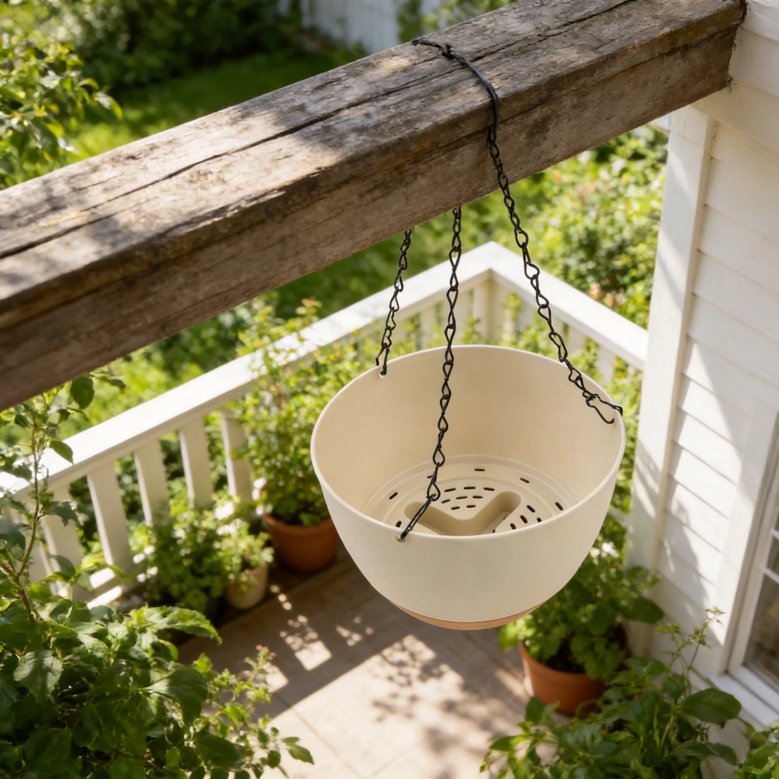 Two hanging flowerpots with innovative water reservoir and drainage holes including chains for indoor and outdoor plant display