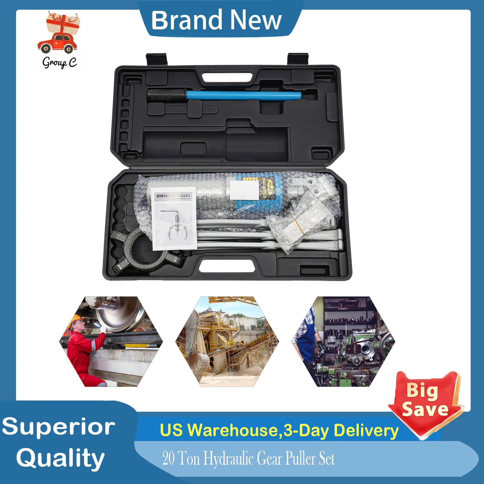 

20-тонный набор съемников гидравлических шестерен, 3-кулачковый комплект съемных съемников с 2 челюстями, голубой, удаление подшипников промышленного оборудования