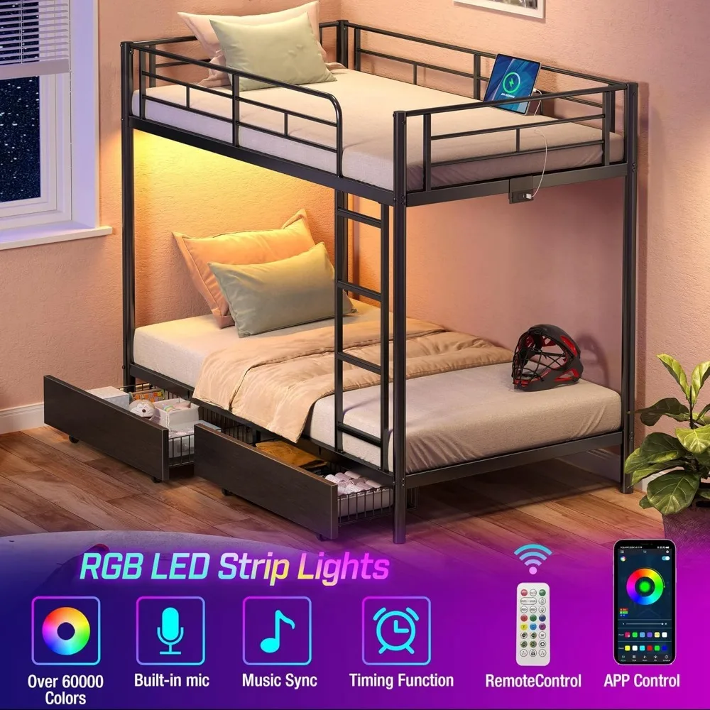 Metal Bunk Bed Twin Over Twin with USB Charging Station, LED Bunk Bed with 2 Storage Drawers,Bed with Safety Guardrail & Ladders