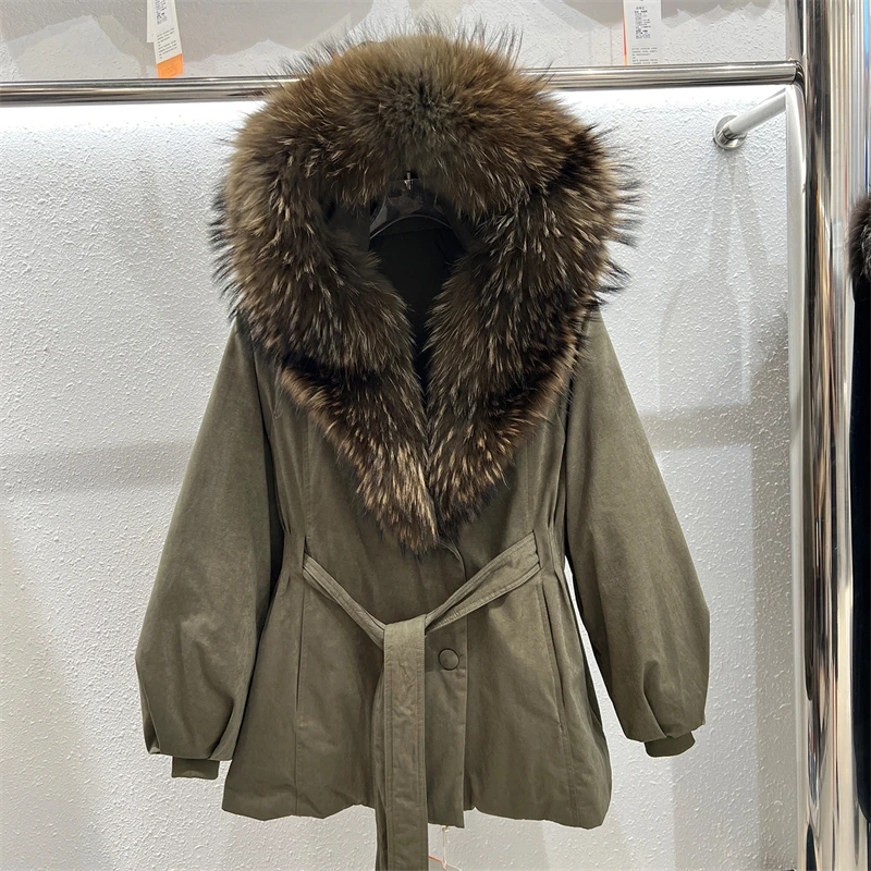 2026 Women's Goose Down Jacket Winter Mid Length Hooded Puffer Coat Natural Raccoon Fur Collar Slim Waist Loose Fit Warm